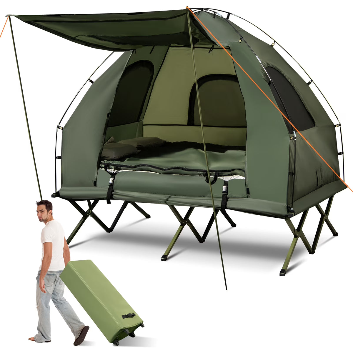 Patiojoy Folding 2-Person Camping Tent Cot Portable Pop-Up Tent with Sleeping Bag&Air Mattress for Outdoor Activity