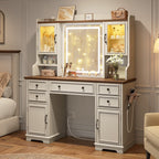 EnHomee Farmhouse Vanity Desk with Mirror and Lights White Vanity with Lighted Mirror Makeup Vanity Set with RGB Cabinets and Storage Drawers