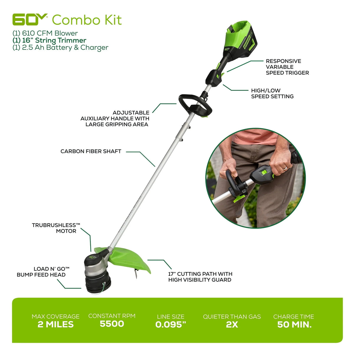 Greenworks 60V Cordless 13" String Trimmer and 125 MPH 450 CFM Leaf Blower Combo Kit, 4Ah Battery & Charger