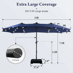 Summit Living 15 FT Double-Sided Solar Patio Umbrella with Base Large Outdoor Umbrella with LED Solar Lights - Haze Blue