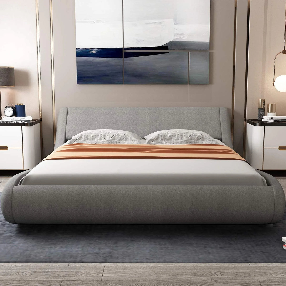 Allewie Full Size Platform Bed Frame with Curved Adjustable Headboard, 100% Fabric Upholstered Style, 10'' Mattress Recommended, Grey