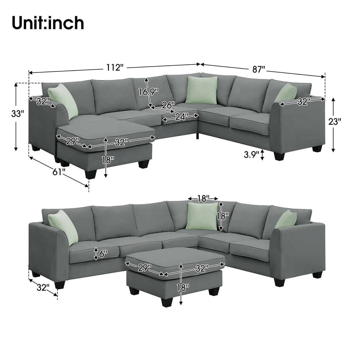 Harper & Bright Designs Modular Sectional Sofa with Ottoman Couch L Shape Corner Sofa Sets 7 Seats Fabric Couch for Living Room, Black, 112 * 87 inch