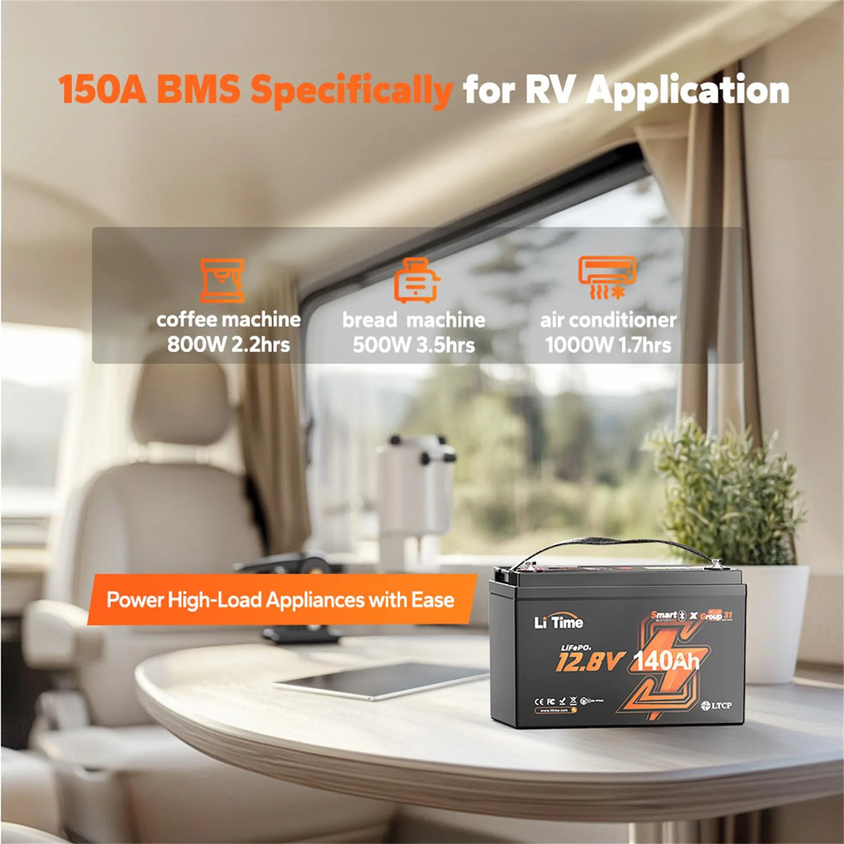 LiTime 12V 140Ah Bluetooth LiFePO4 Lithium Battery Group 31 150A BMS deep cycle for RV Travel Trailers and Trolling Motor