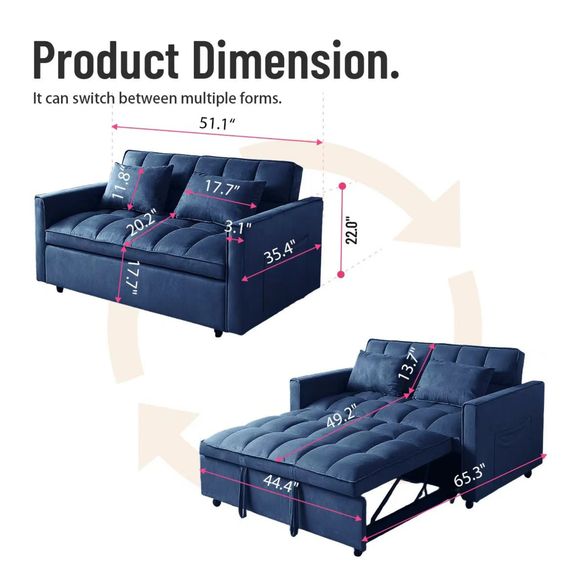 Gewnee 55'' Modern Convertible Velvet Sofa Bed with Pull-Out Twin Bed, Adjustable Backrest for Living Room, Office (Dark Gray)