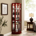 Walnut Cabinet With 6 Shelves, Adjustable Glass & Mirrored Back Design Shelf Lighted Corner Curio Shelves In