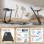 SKOK 2.5HP Foldable Treadmill, 300lb Capacity, 12 Programs, Portable Home Office Walking Machine
