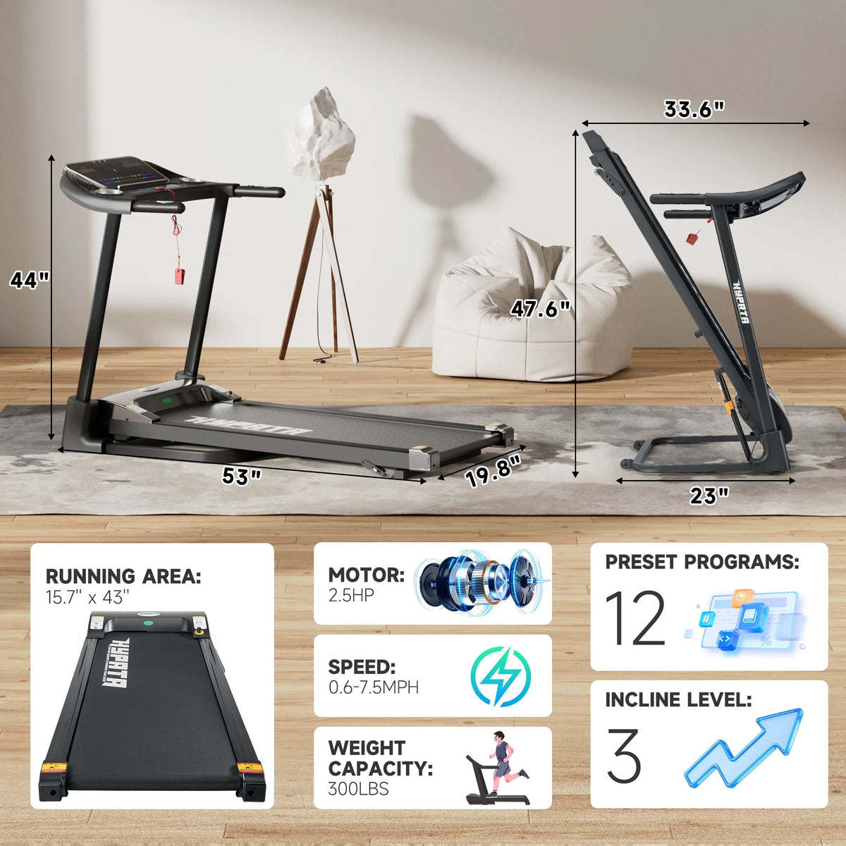 SKOK 2.5HP Foldable Treadmill, 300lb Capacity, 12 Programs, Portable Home Office Walking Machine
