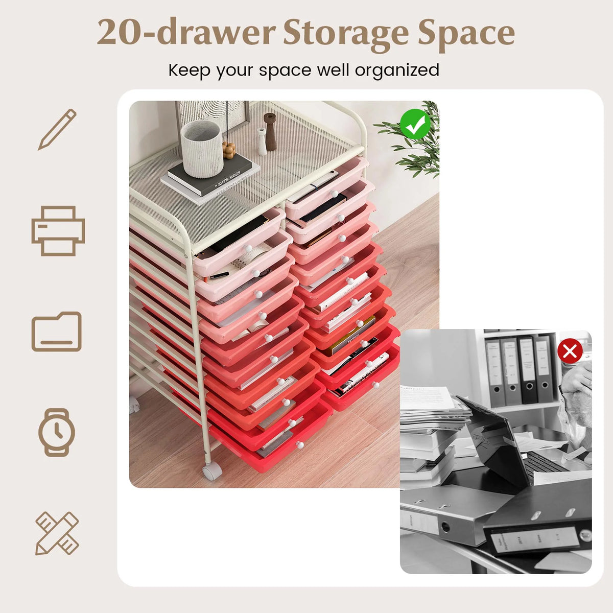 Costway 20 Drawer Rolling Storage Cart Tools Scrapbook Paper Office School Organizer Yellow