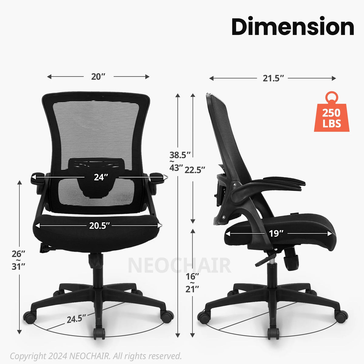 NEO CHAIR Ergonomic Office Chair, Adjustable High Back Mesh Desk Chair with Flip-up Arms, Black