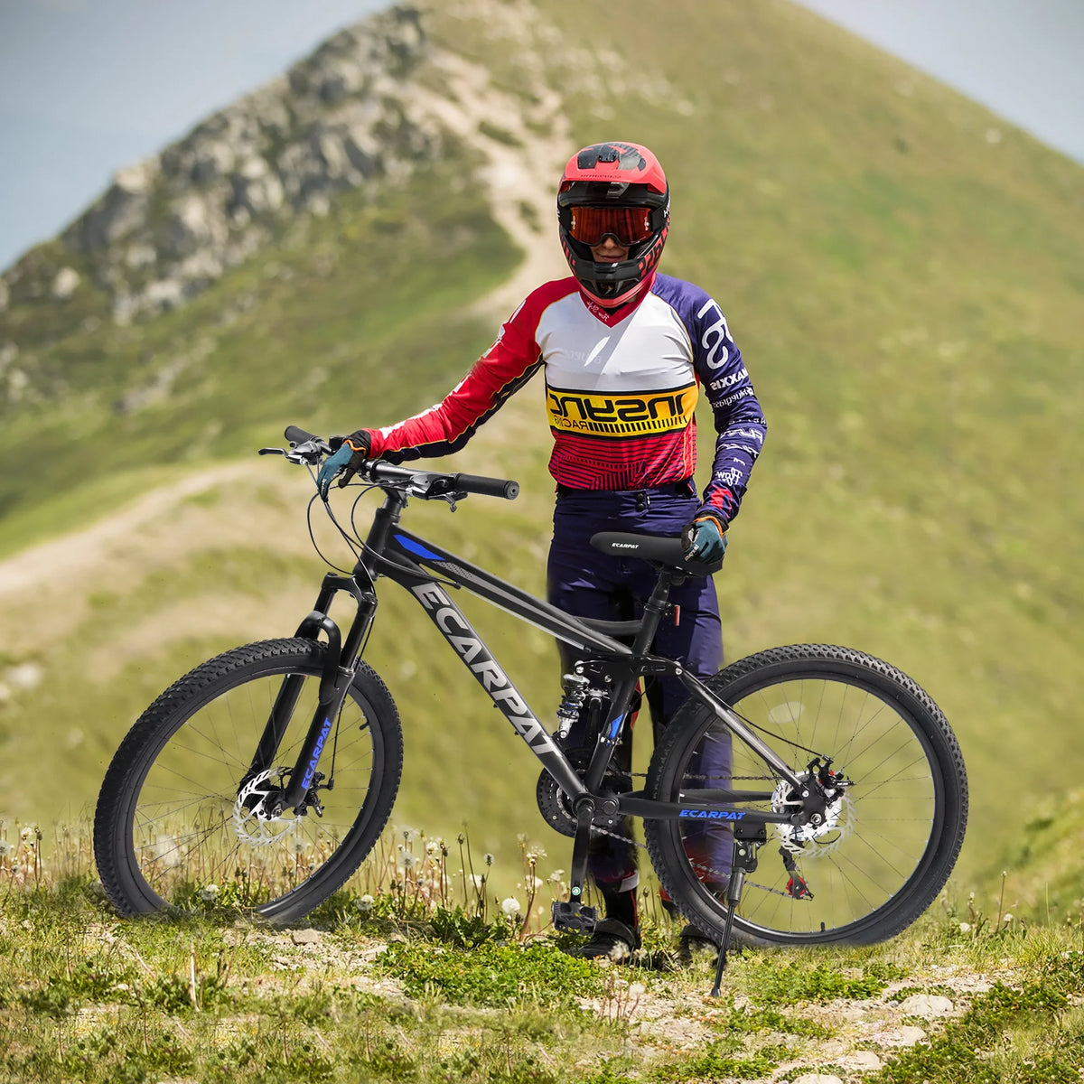 Mountain Bike 24 Inch Wheels, 21-Speed Full Suspension Mens Womens Trail Commuter City Mountain Bike, High Carbon Steel Frame Disc Brakes Grip Shifter Front Fork Rear Shock Absorber Bicycles