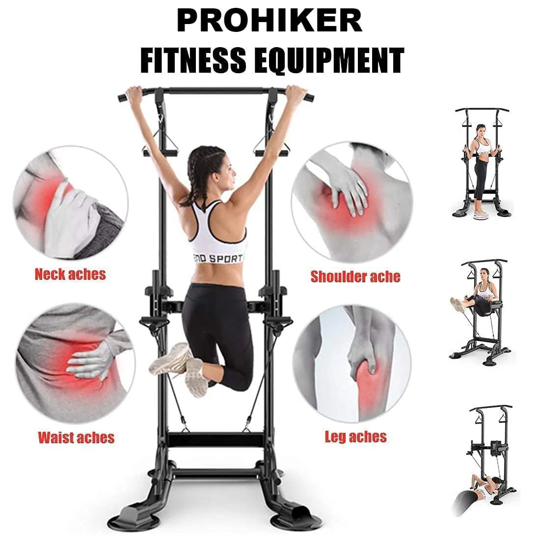 PROHIKER Power Tower Dip Station, Pull Up Bar Stand Power Rack with Backrest and Resistance Band, Height Adjustable Strength Training Equipment for Fitness Home Workout, Black