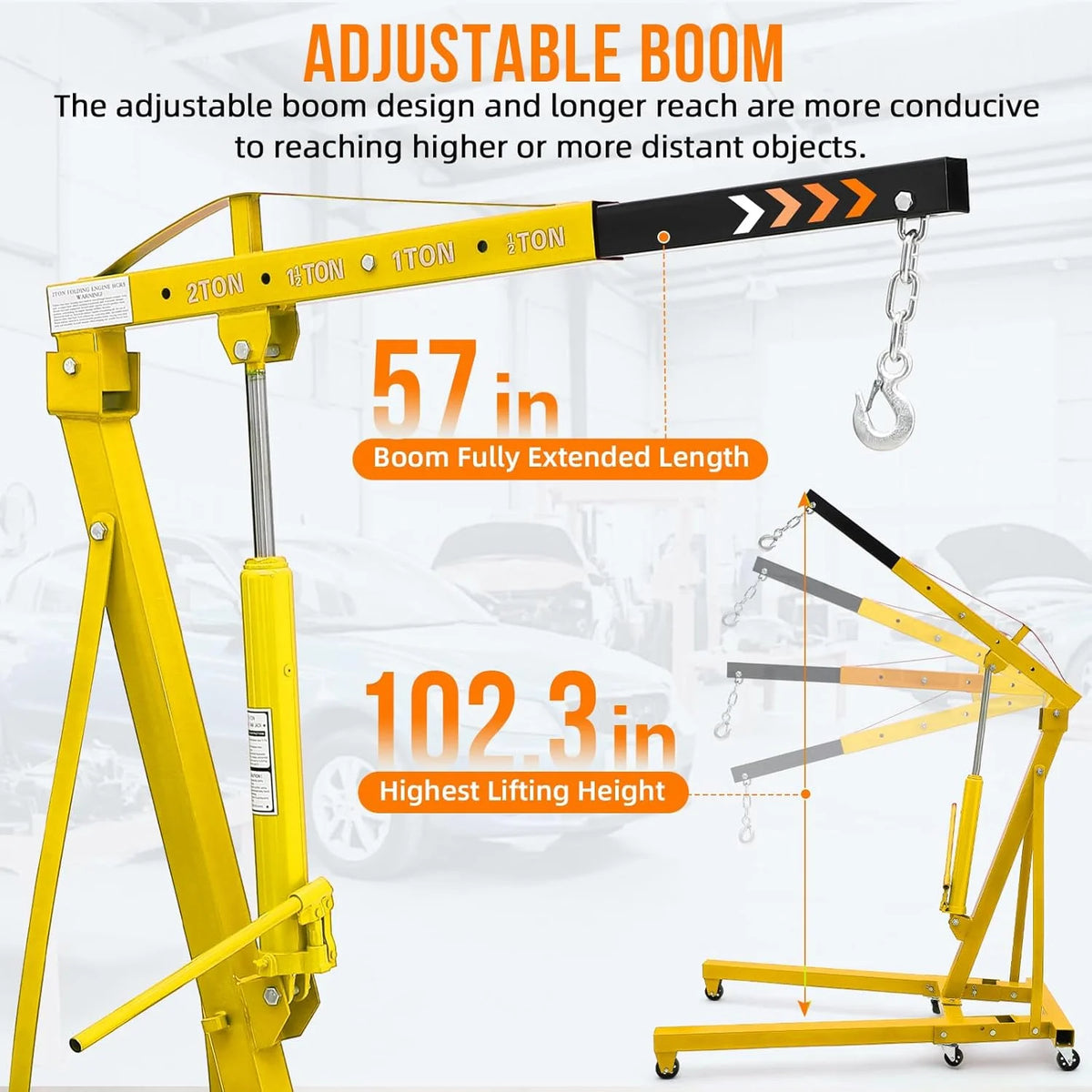 JoanKaren 2 Ton Folding Hydraulic Engine Hoist,Heavy-Duty Engine Shop Crane Hoist Lift,Heavy Cherry Picker with 6 Wheels,Yellow