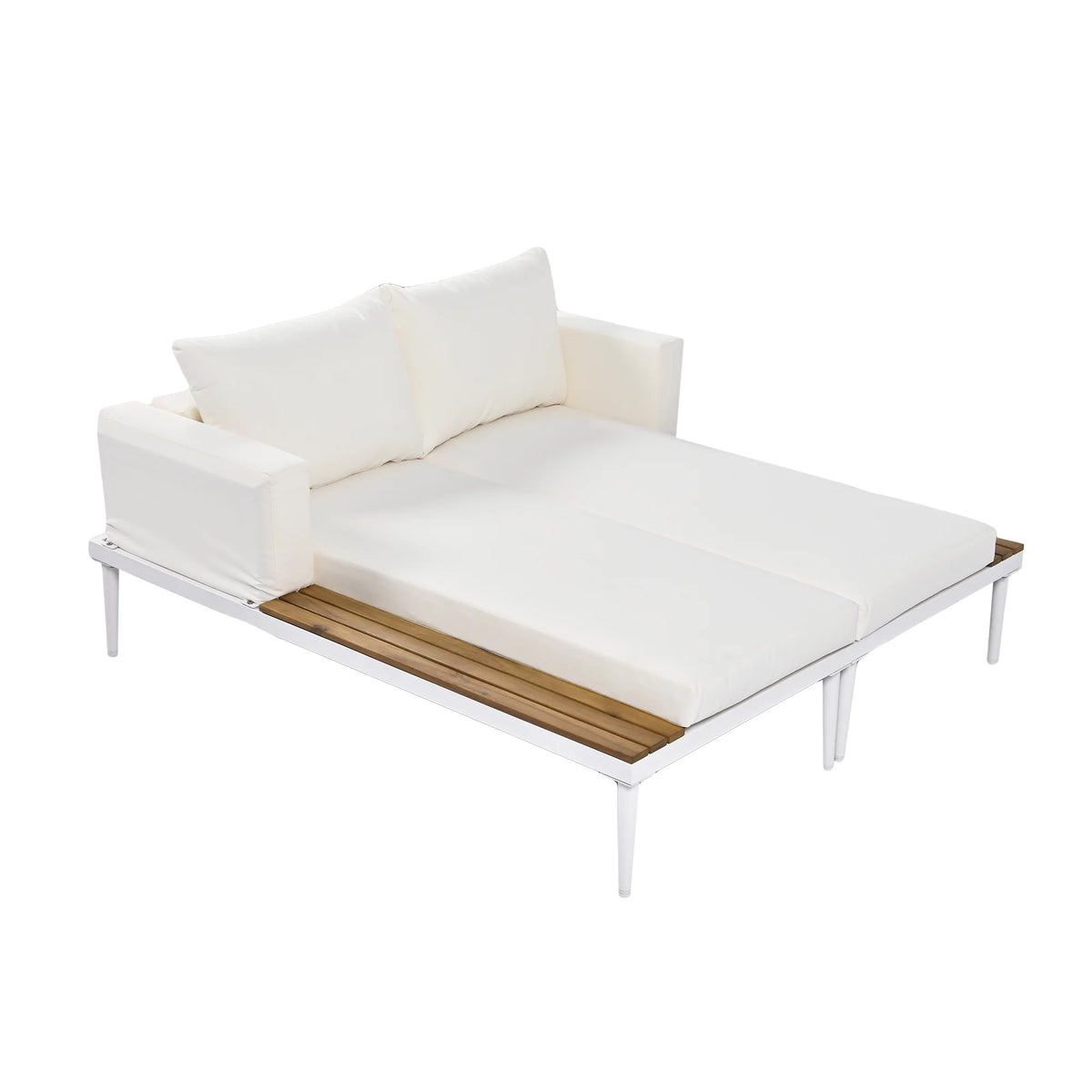 Harper & Bright Designs Patio Outdoor Metal Daybed for 2, All Weather Outdoor Chaise Lounges Reclining Chairs with Wood Topped Side Spaces for Drinks for Poolside Balcony Deck, Gray