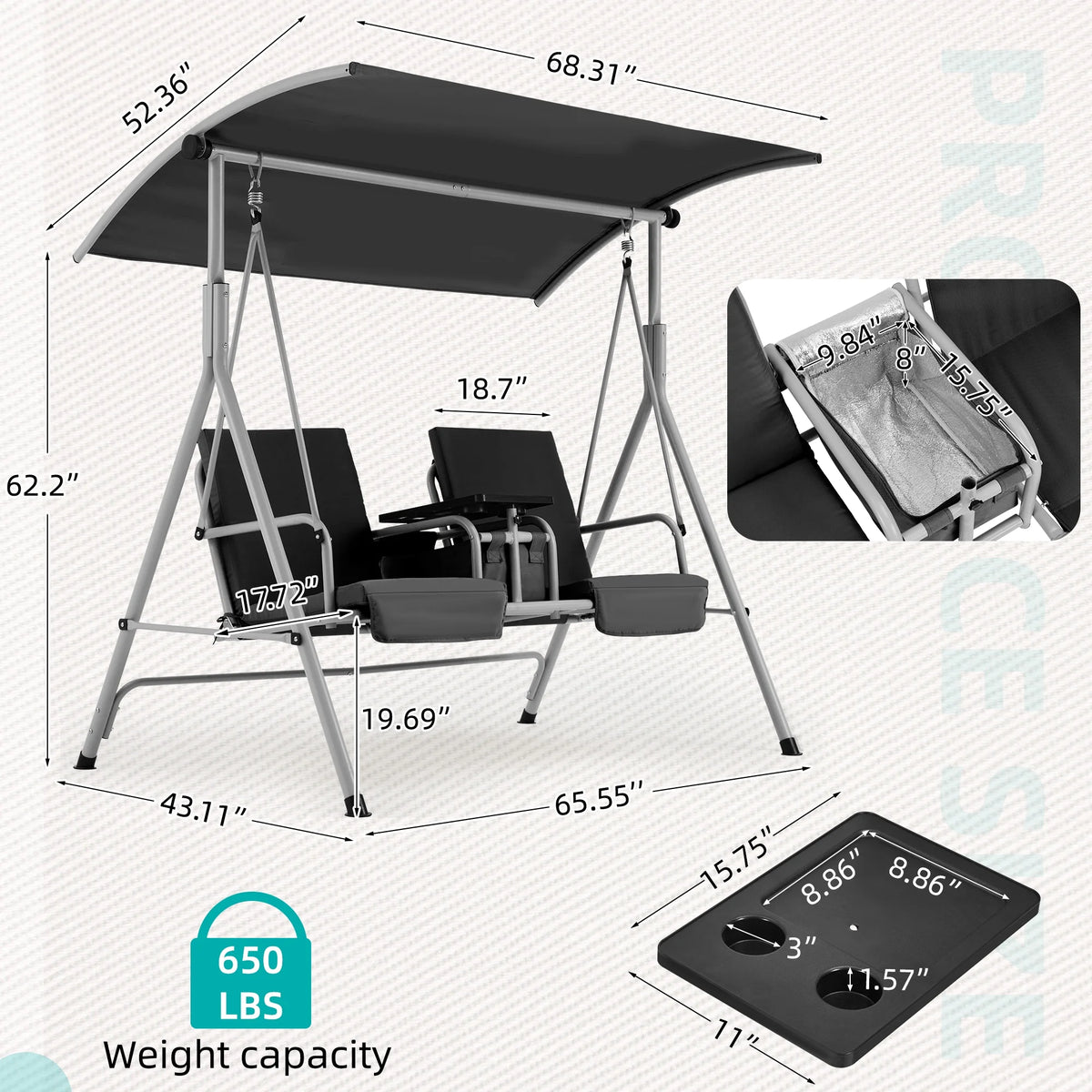 HOMREST Patio Swing with Adjustable Canopy��Heavy Duty 650 LBS Outdoor Swing with Pivot Storage Table & 4 Cup Holders & Cushions for Yard, Lawn, Backyard, Navy Blue