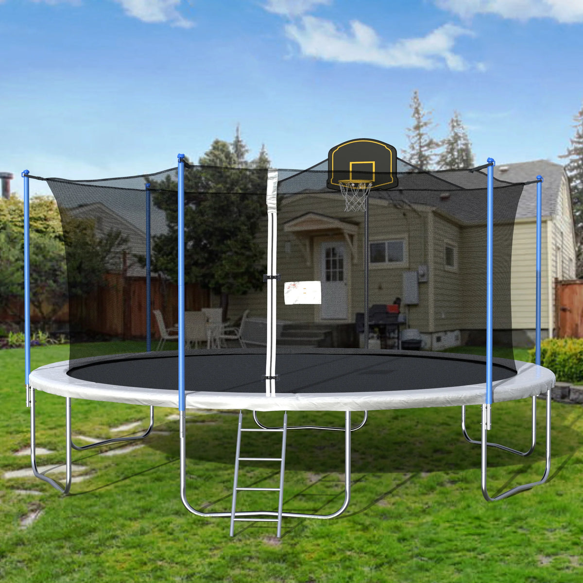 14FT Outdoor Trampoline with Safety Enclosure, Steel Tube Frame, Ladder & Secure Net - Heavy Duty, Blue