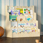 Montessori Wood Kids Bookshelf - Scalloped 4-Tier Front-Facing Book Display, Nursery Organizer for Toddler/Baby Books & Toys, Gender-Neutral Classroom Playroom Storage