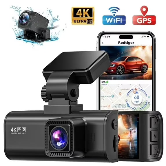 REDTIGER Dash Cam Front and Rear, Dash Cam 4K with WiFi & GPS, 4K/2.5K Front+1080P Rear Dashcam, Dash Camera with Night Vision, 3.18'' LCD Screen, Loop Recording, Black