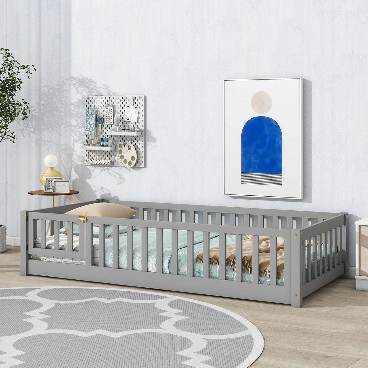 UHOMEPRO Twin Size Floor Bed with Door and Fence, Montessori Floor Bed with Slats and Safety Guardrails, Solid Wood Twin Bed Frame for Bedroom, White