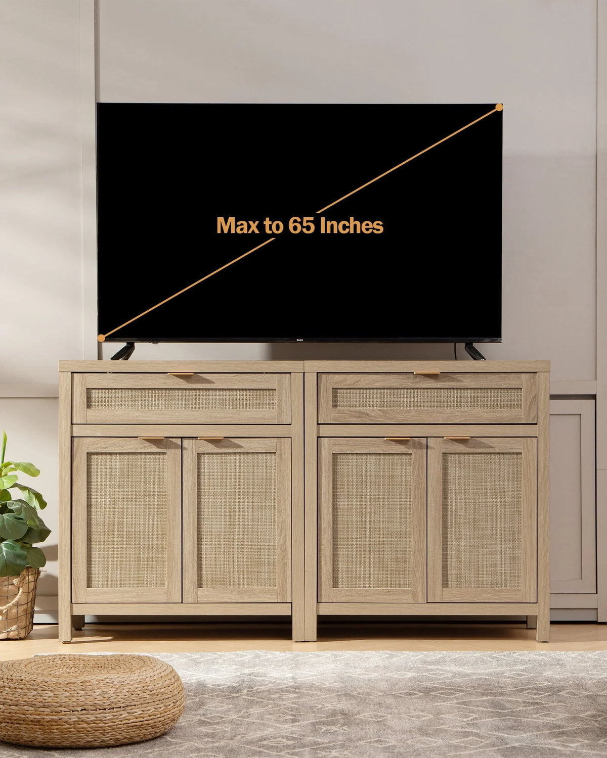 Nopurs Rattan Sideboard Buffet Cabinet Set of 2,Boho Storage Cabinet Buffet Table with Doors and Drawer,Coffee Bar Cabinet for Kitchen Entryway Living Dining Room,Light Oak