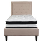 Flash Furniture Roxbury Twin Size Tufted Upholstered Platform Bed in Beige Fabric with Pocket Spring Mattress