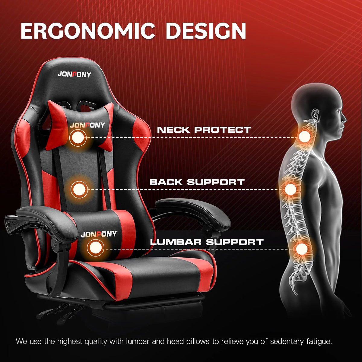 JONPONY Big and Tall 500LBS Gaming Chair, Ergonomic Design, Gamer Chair PU Leather with Footrest and Lumbar Support, High Back Office Chair Support 8 Hours Long Sitting,Red Computer Chair,Red
