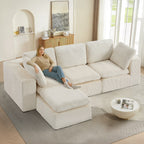 Cloud Sectional Couches for Living Room, Modular L-Shaped Sofa with Ottoman, Corduroy Sleeper Sofa Bed, No Assembly Compression Memory Foam Couch,White