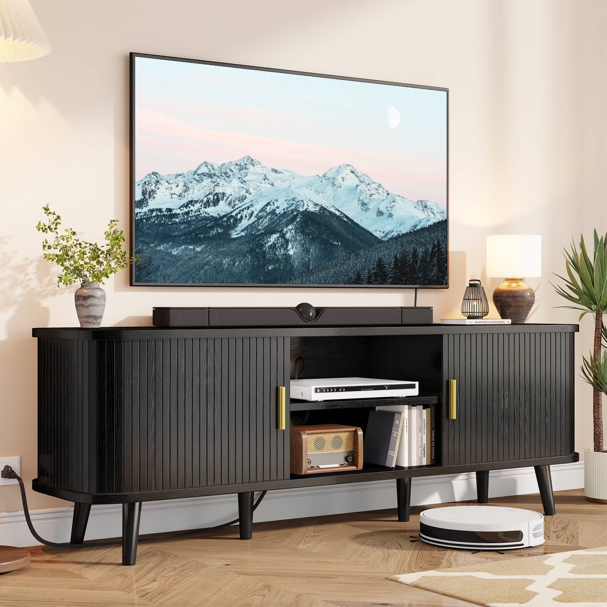 Laintene 59" TV Stand, Fluted TV Stand for TVs up to 65", Entertainment Center with Storage and Sliding Doors, Modern Media Console with Power Outlet for Living Room, Walnut