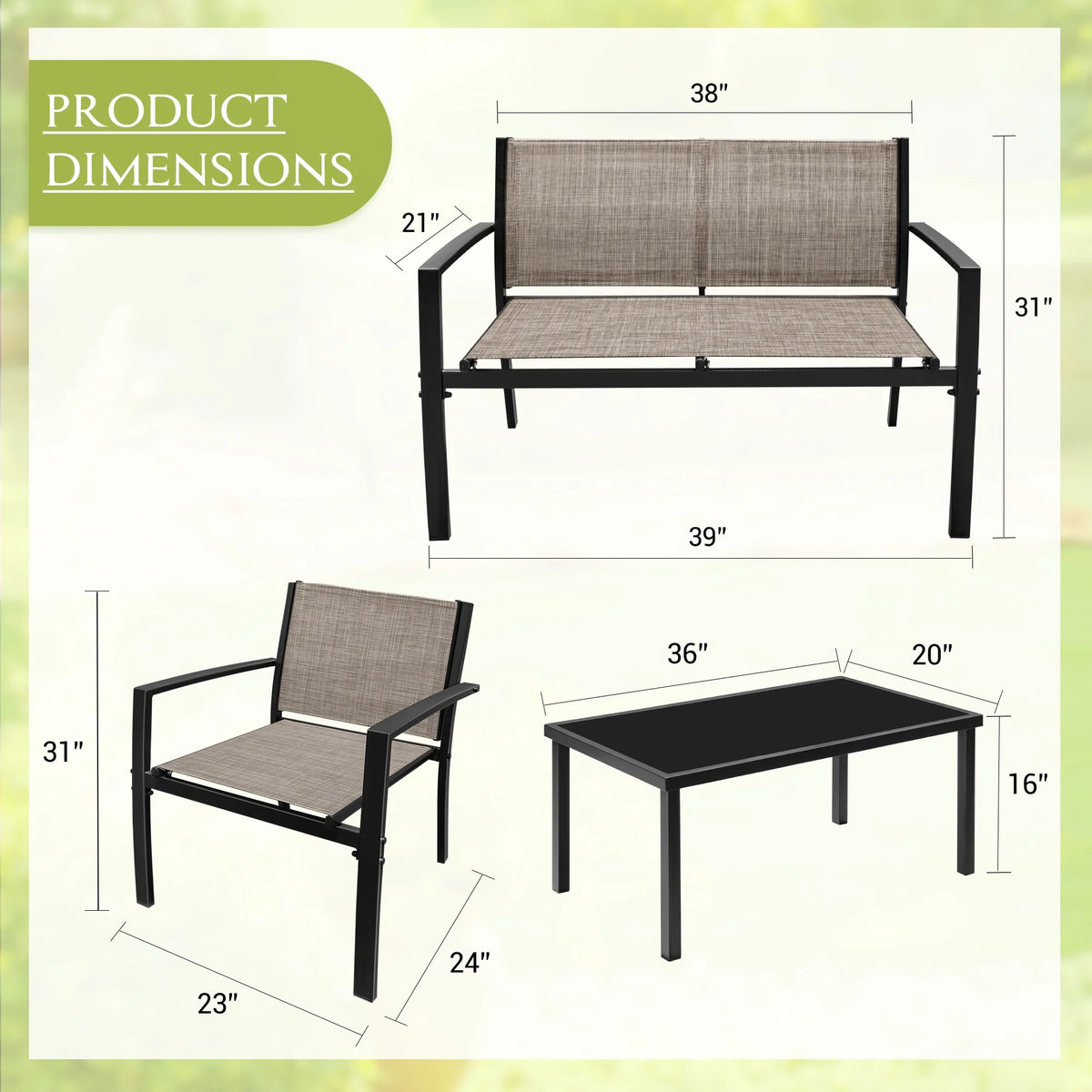 LACOO 4 Pieces Outdoor Furniture Set Patio Textilene Steel Conversation Set with Loveseat Tea Table for Lawn and Balcony, Black