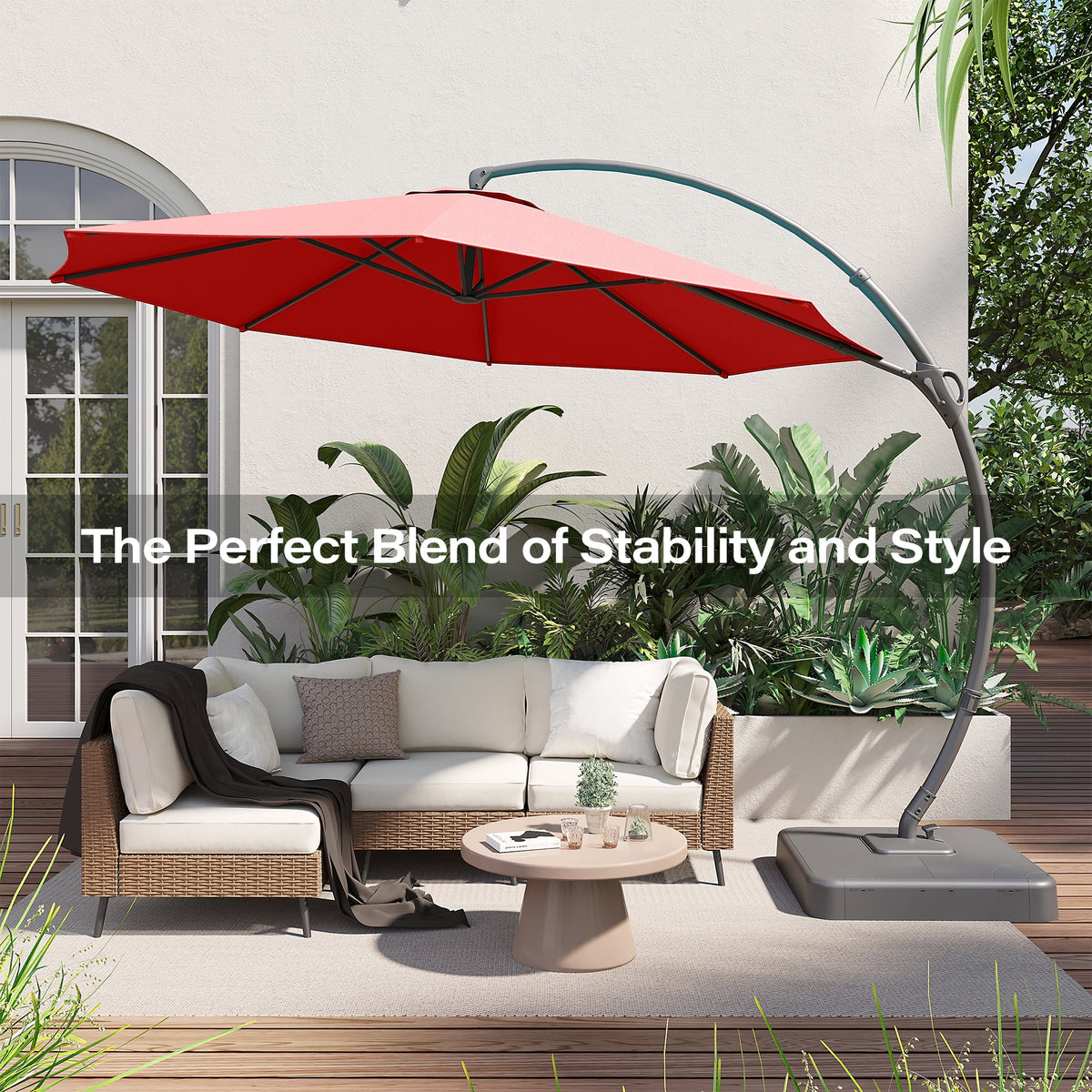 LAUSAINT HOME 11FT Patio Umbrella with Base, Outdoor Deluxe Curvy Cantilever Umbrella for Patio Pool Deck, Champagne