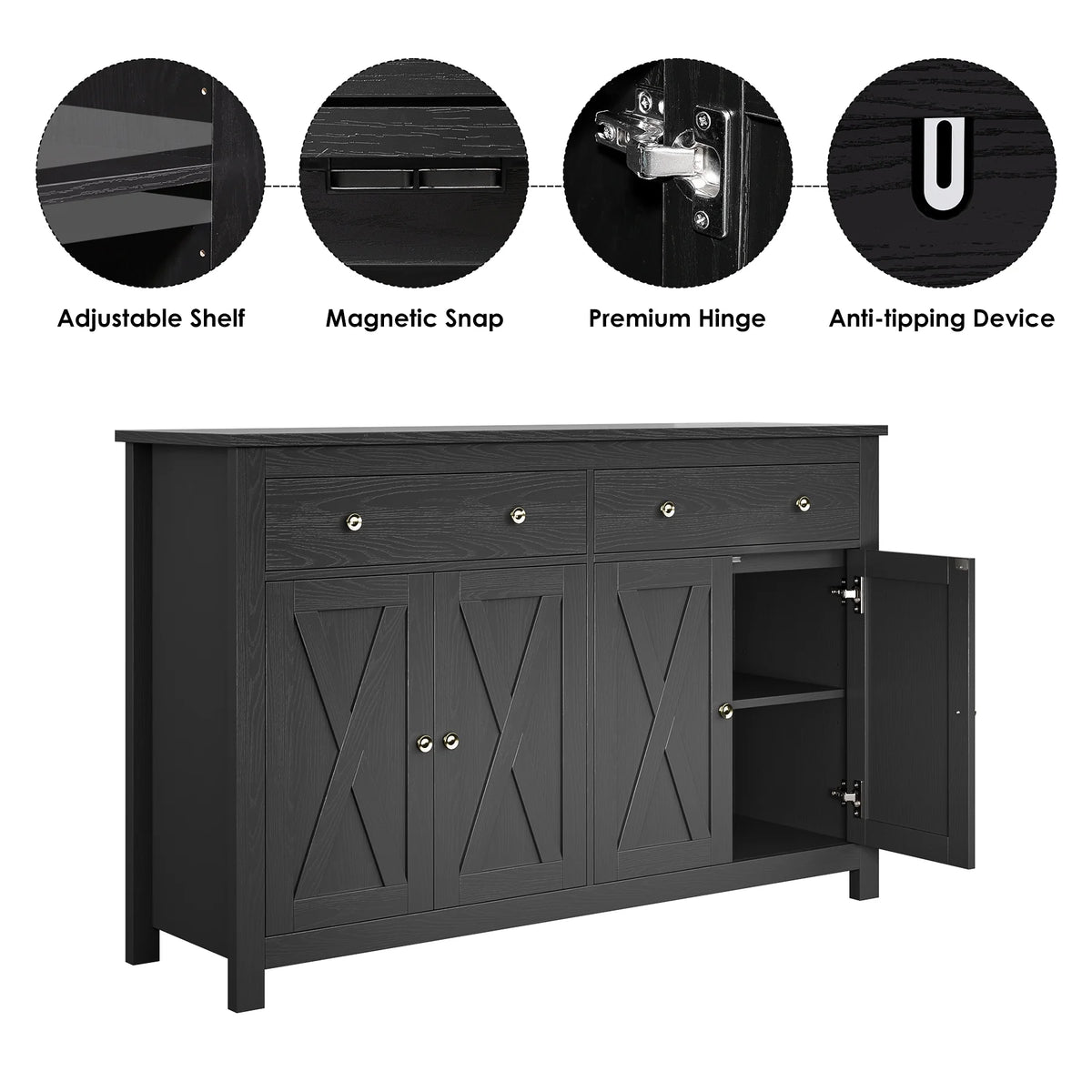 Homfa 55.1'' W Farmhouse Storage Cabinet, 4-Doors 2-Drawers Wood Sideboard with Adjustable Shelves for Kitchen Dining Room, White