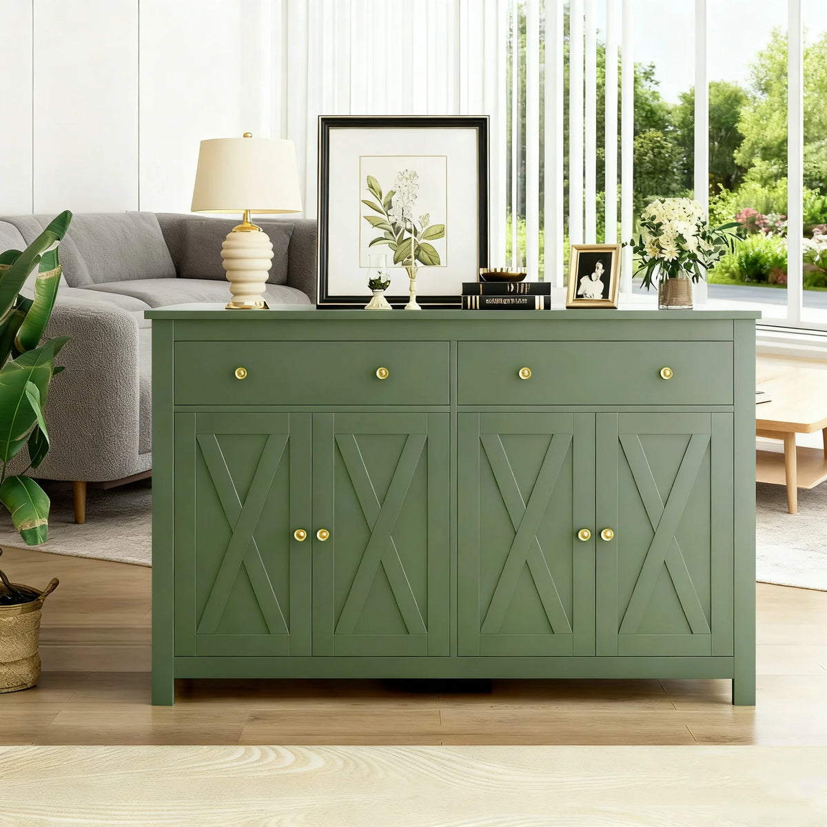 Homfa 55.1'' W Farmhouse Storage Cabinet, 4-Doors 2-Drawers Wood Sideboard with Adjustable Shelves for Kitchen Dining Room, White