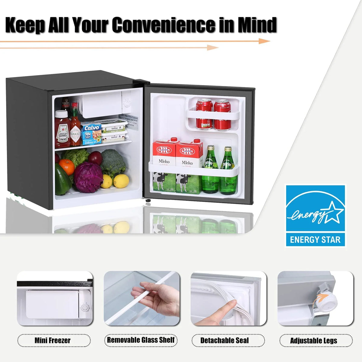 Frestec 1.6 Cu.Ft Mini Fridge with Freezer, Compact Refrigerator, Energy Efficient for Office, Apartment, Dorm, Bedroom