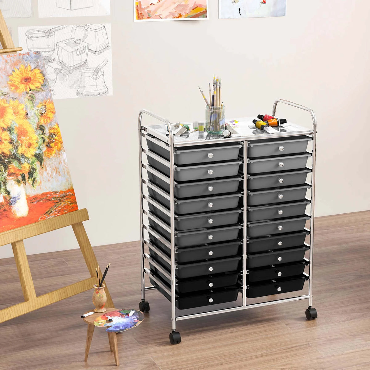 Costway 20 Drawer Rolling Storage Cart Tools Scrapbook Paper Office School Organizer Yellow