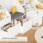 Homfa Kids Bookshelf with Reading Nook & 3 Movable Drawers, 2 Cube Bookcase with 4-Tier Book Racks, Toy Storage Organizer for Playroom Bedroom, White