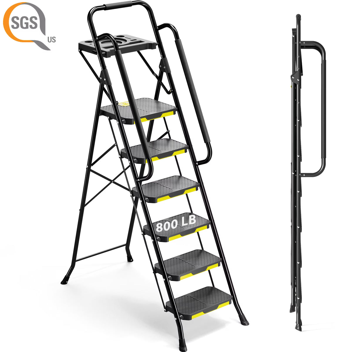 KK KINGRACK 6 Step Ladder, Metal Ladder with Tool Platform&Handrails, 800 lbs Capacity, Black