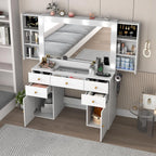 White Vanity Desk with Large Lighted Mirror & Power Outlet, Makeup Vanity Table with Glass Top & Drawers, Sliding Storage, 44.1" Large Makeup Vanity Table for Women Girls, White