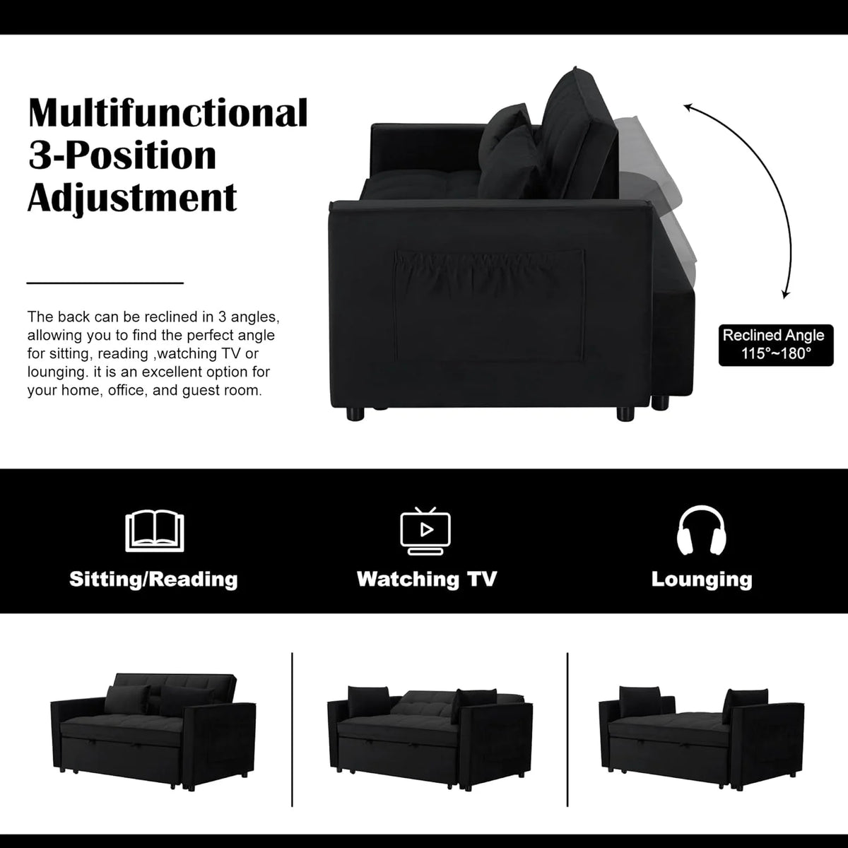 Gewnee 55'' Modern Convertible Velvet Sofa Bed with Pull-Out Twin Bed, Adjustable Backrest for Living Room, Office (Dark Gray)