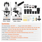 VEVOR Compound Trinocular Microscope, 40X-5000X Magnification Trinocular Compound Lab Microscope with Two-Layer Mechanical Stage, External Interface, LED Illumination and Microscope Slides Included