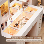 iPormis Vanity Desk with Mirror and Lights, Glass Top Makeup Vanity with RGB Light and  Charging Station for Girls , White
