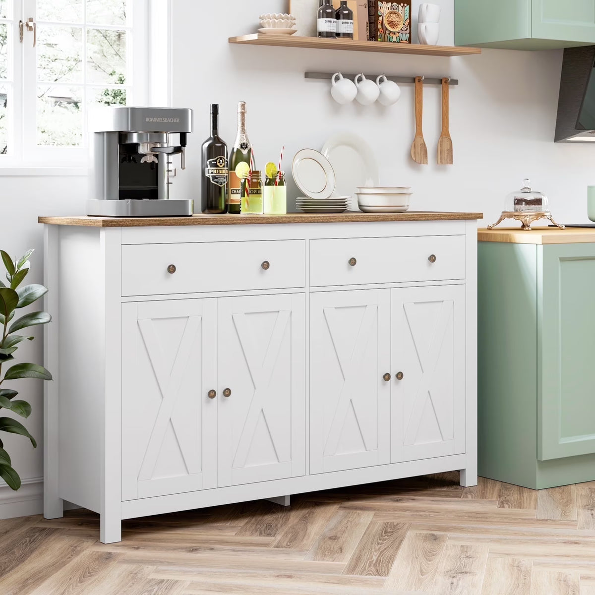 Homfa 55.1'' W Farmhouse Storage Cabinet, 4-Doors 2-Drawers Wood Sideboard with Adjustable Shelves for Kitchen Dining Room, White