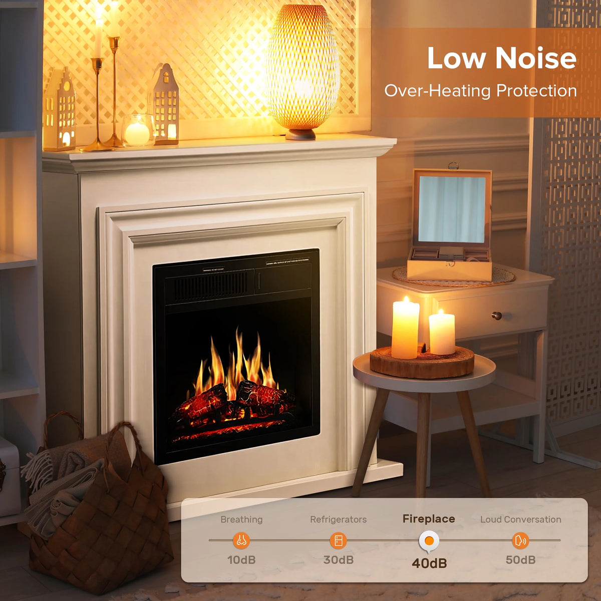 KISSAIR Electric Fireplace Mantel Wooden Surround Firebox, Free Standing Fireplace, with Remote Control, Adjustable LED Flame, 750W/1500W -White