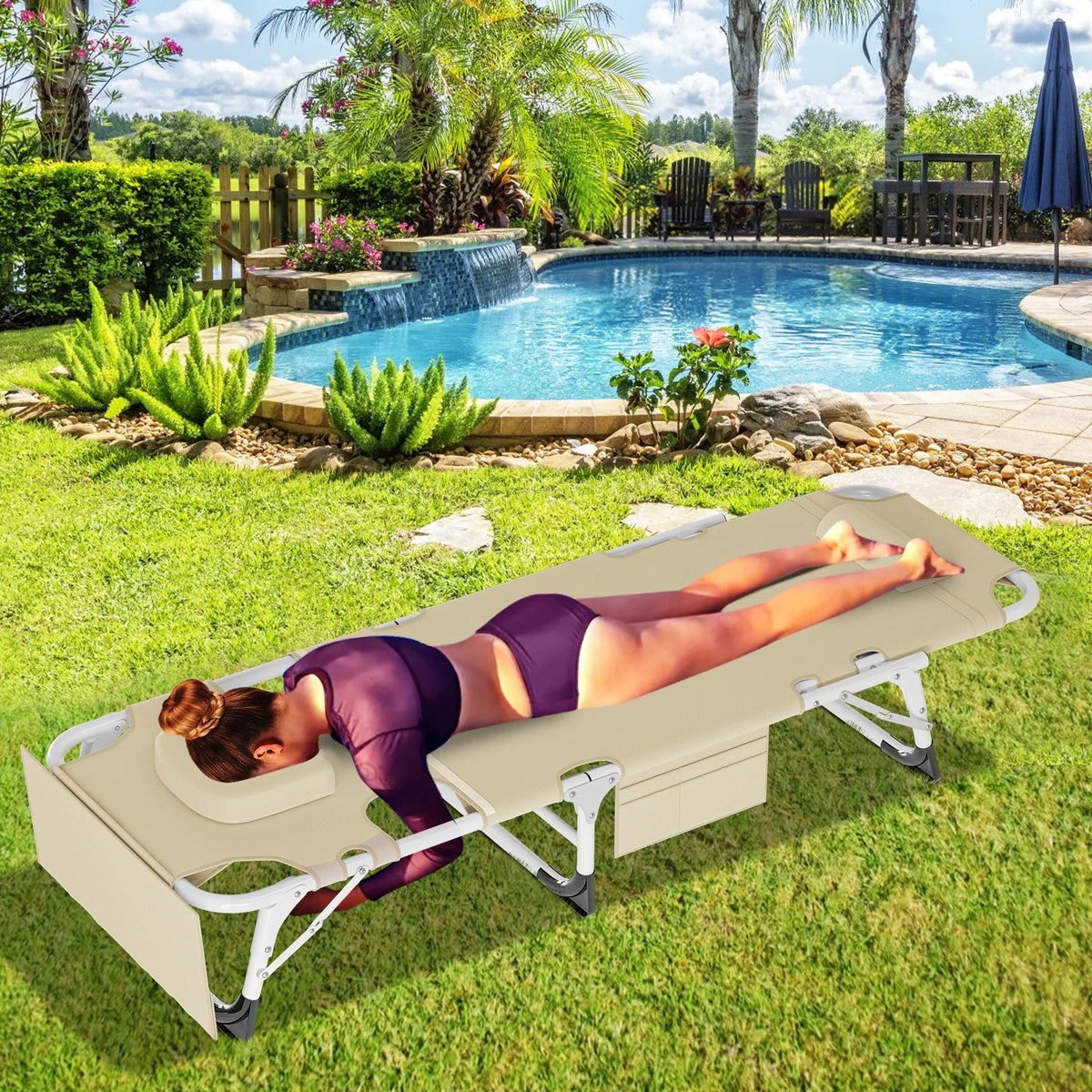 Slsy Folding Lounge Chair, 5-Position Adjustable Outdoor Reclining Chair, Folding Sleeping Bed Cot, Folding Chaise Lounge Chair for Pool Beach Patio Sunbathing