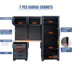 HPDMC Garage Storage Cabinet System 7-Pcs Workshop Set Metal Garage Cabinets System with Steel Cabinet Drawers, Workbench, Pegboard for Garage Tool Organization