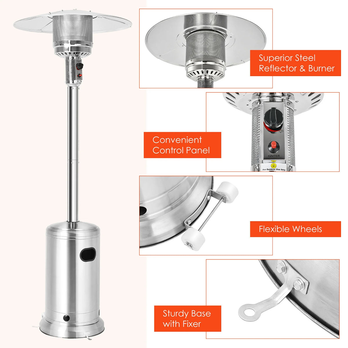 Costway 50000 BTU Propane Patio Heater Standing Steel with Wheels Grey