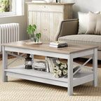 Moasis Farmhouse Coffee Table with Storage 2-Tier Center Table for Living Room Grey Wash Top+White