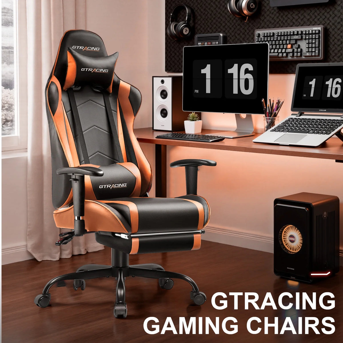 GTRACING Gaming Chair, Ergonomic Office Desk Chair with Lumbar Support, PU Leather, Footrest & Adjustable Headrest, Red