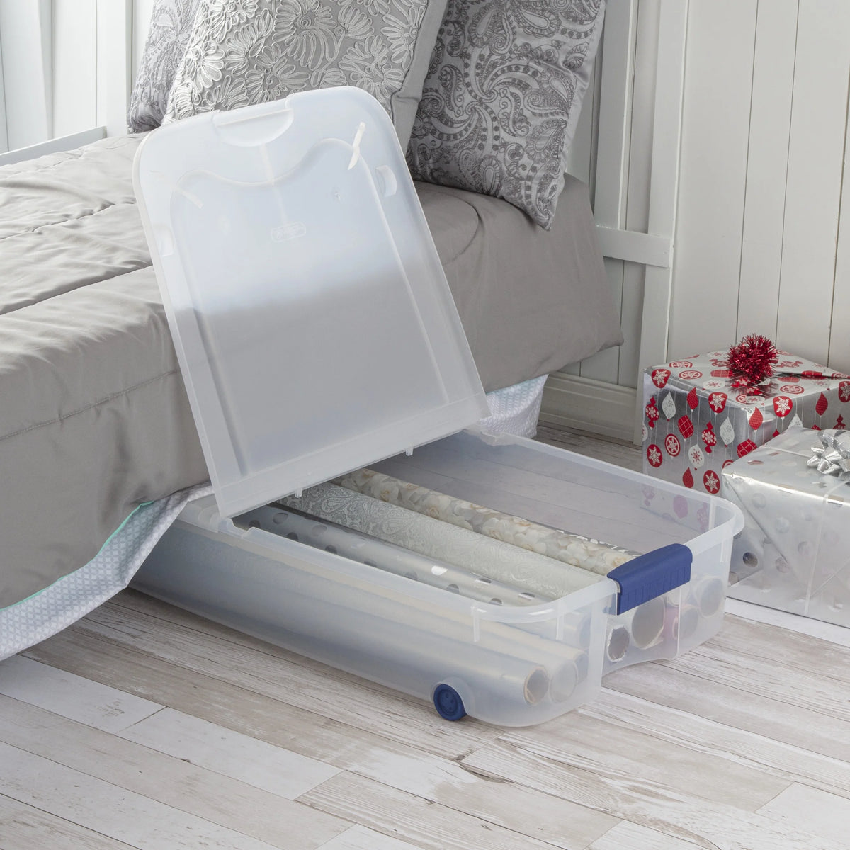 Sterilite 66 Quart Wheeled Latch Box, Clear Underbed Storage Bin with Lid, Blue, 4 Count