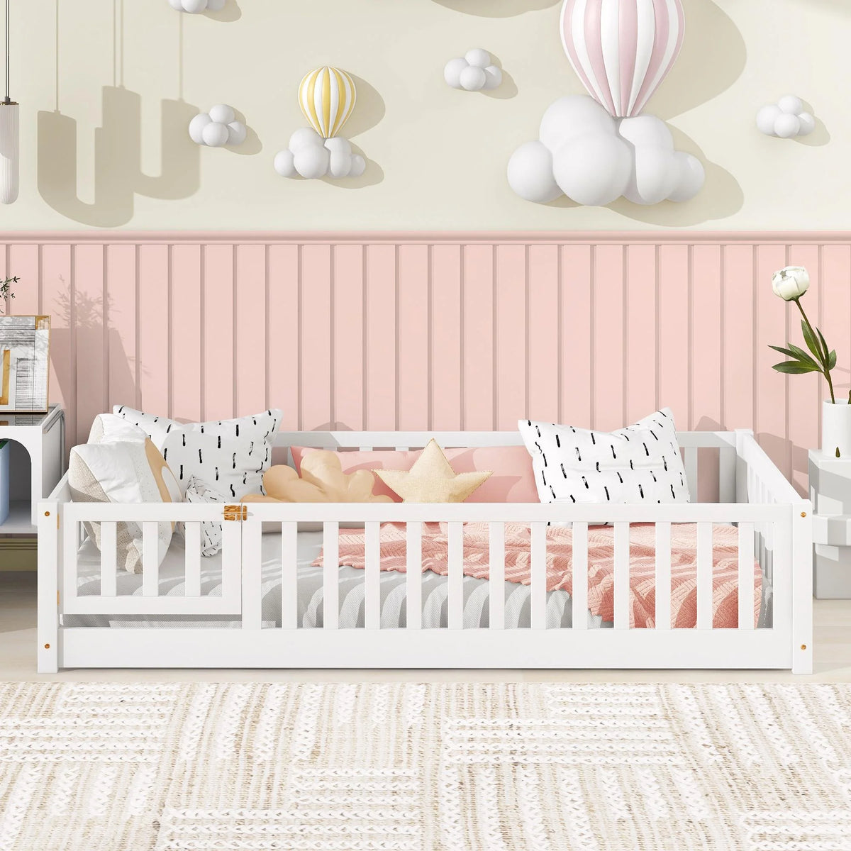 UHOMEPRO Twin Size Floor Bed with Door and Fence, Montessori Floor Bed with Slats and Safety Guardrails, Solid Wood Twin Bed Frame for Bedroom, White