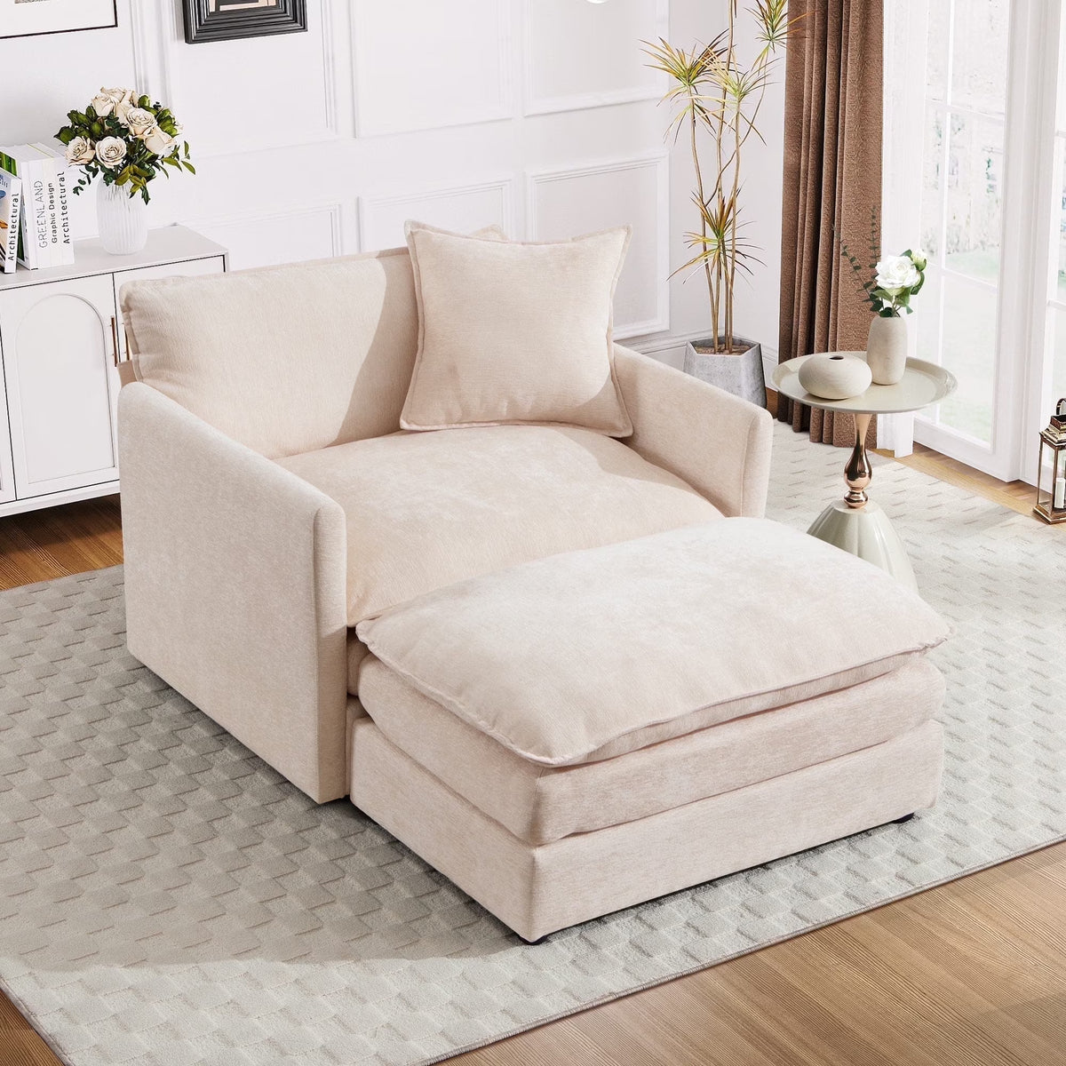 Muumblus Oversized Lounge Chair with Ottoman, Cloud Accent Armchair for Living Room, Beige Chenille