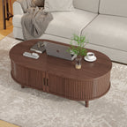 Oval Coffee Table, 42.5" Drum Coffee Table with Sliding Tambour Door, Fluted Accent Center Table with Storage, Mid Century Modern Coffee Table for Living Room, Center Table Walnut